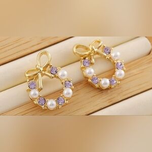 Gold and Purple Bow Pearl Earrings